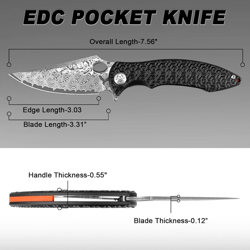 Zingbee Pocket Knife for EDC Damascus Pocket Knife with Black Aluminum Handle 3.3" Damascus Blade Pocket knives & Folding Knives - Image 2